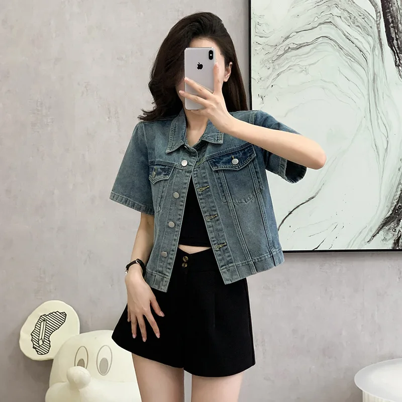 Fashionable Retro Three-Dimensional Pocket Short Denim Jacket Coats