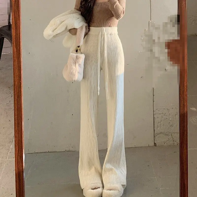 

Autumn and winter high-waisted thin knitted casual pants women trendy drape white wide-leg pants straight-leg mopping trousers