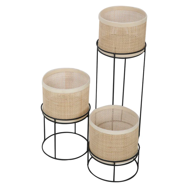 Home decoration creative set of 3 rattan flower plant pot with metal tripod