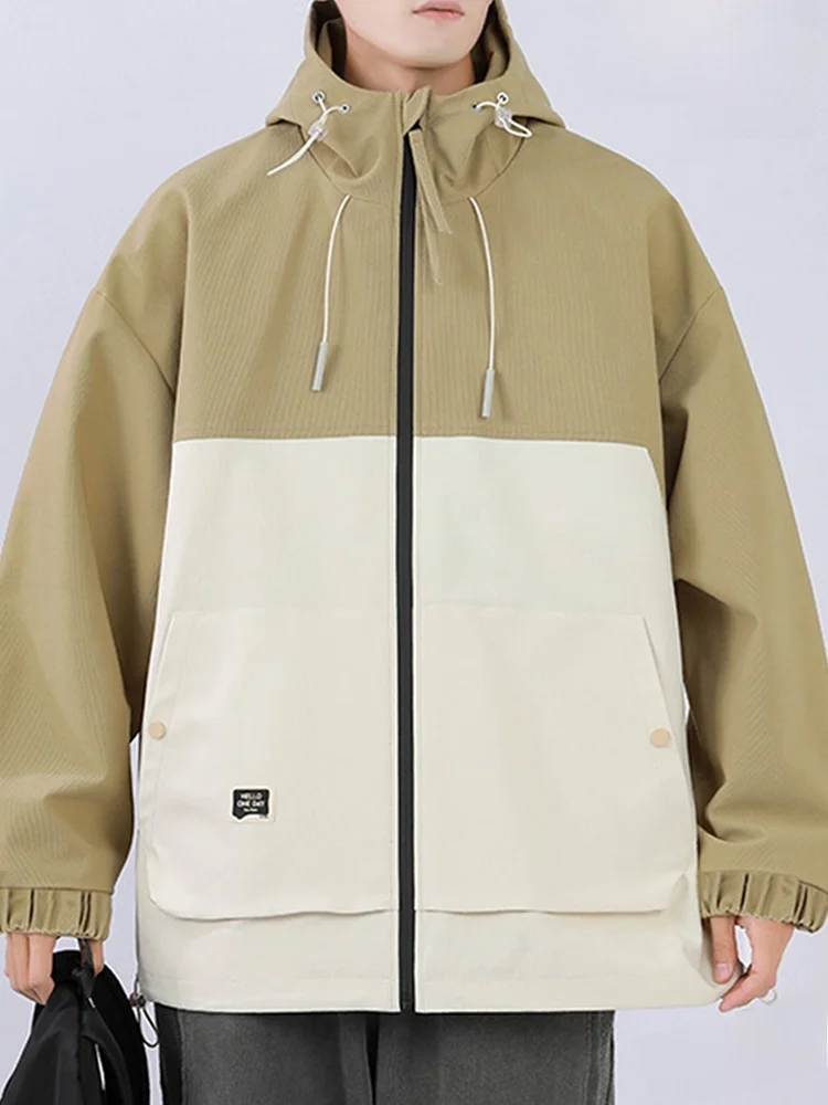 

Мужская куртка-ветровка на весну-осень, свободного кроя, больших размеров, в стиле колор-блок, повседневная, с капюшоном, из полиэстера