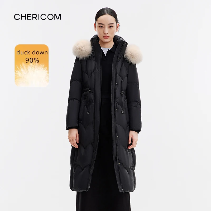 Chericom Winter Down Jacket Detachable Fox Fur Hood Trim Chevron Quilted Drawstring Multiple Pockets Padding Jackets Y299227B