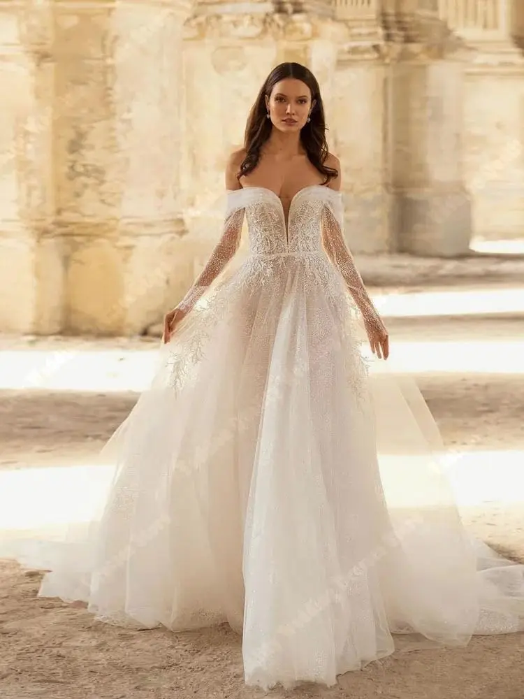 Robes de mariée en tulle brillant pour femmes, ourlet moelleux à long train, grande taille, 2024 Off The Initied, Nouveau