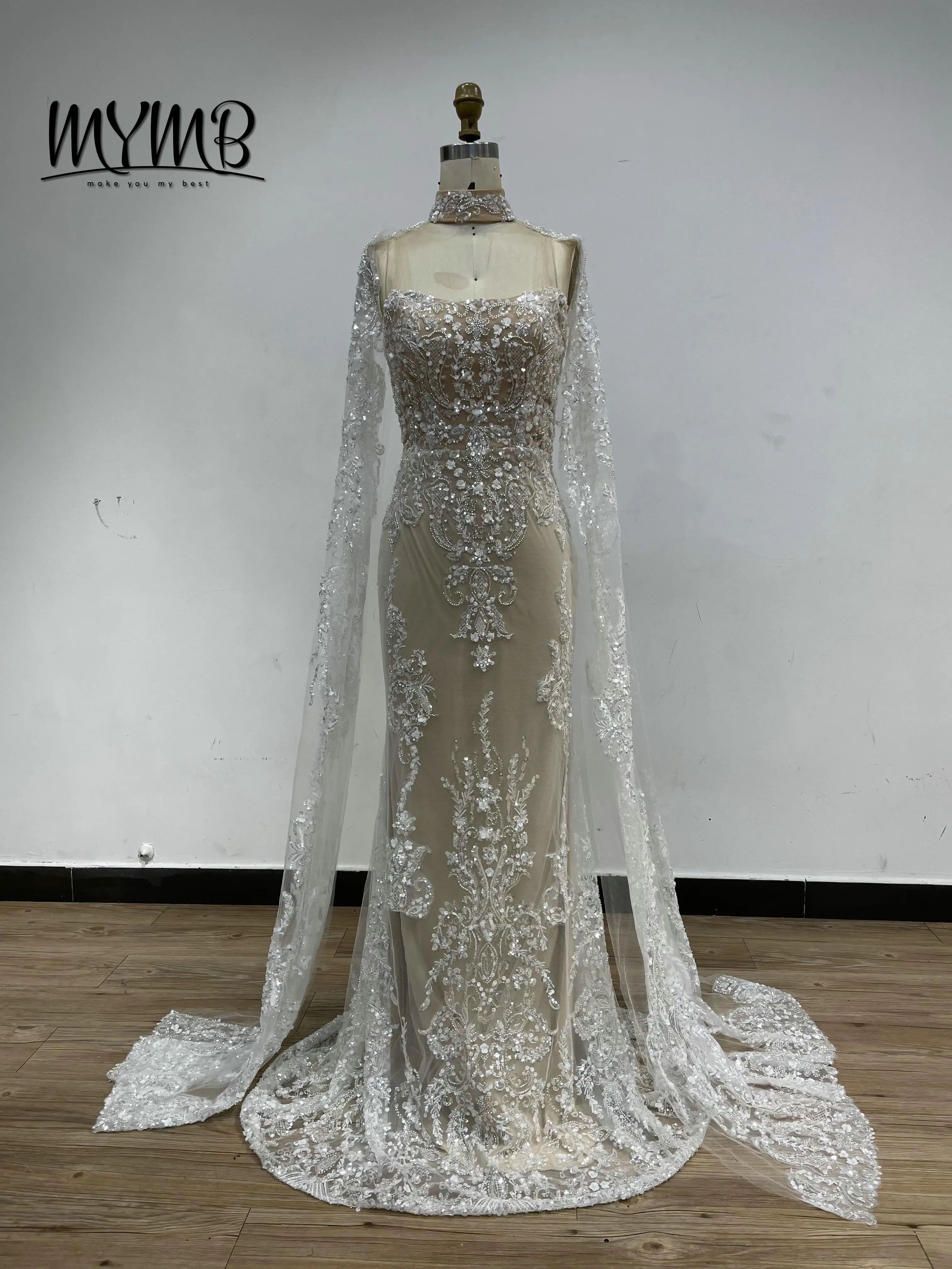 

MYMB Elegant White Mermaid Evening Dress Sequined Appliqued Beaded Wedding Dress Bridal Gown Prom Dress Vestidos De Novia DDS044
