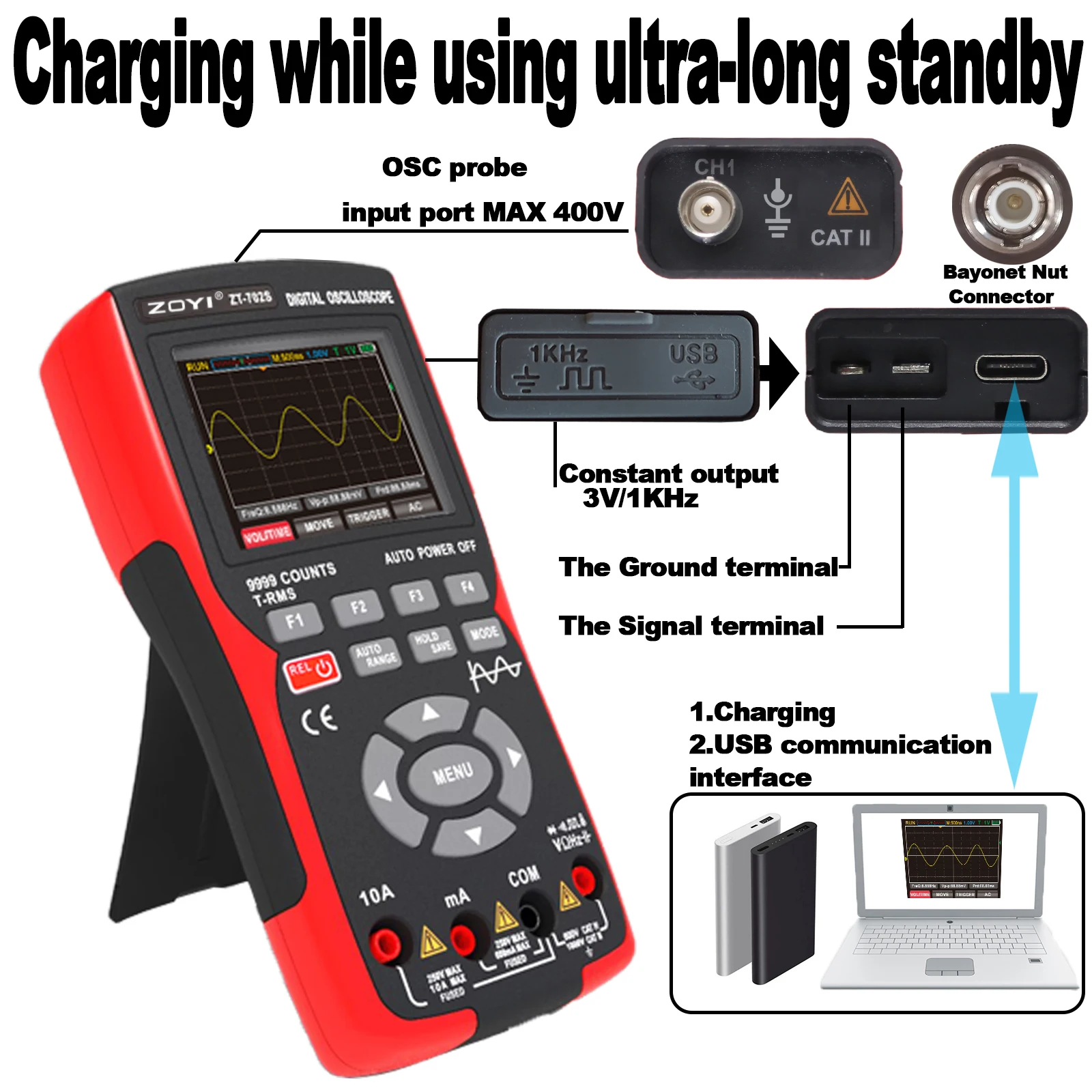 Digital Oscilloscope 48MSa/s 10Mhz PC Waveform Digital Storage Oscilloscpe Multimeter Auto True RMS Tranistor Probe Multimetro