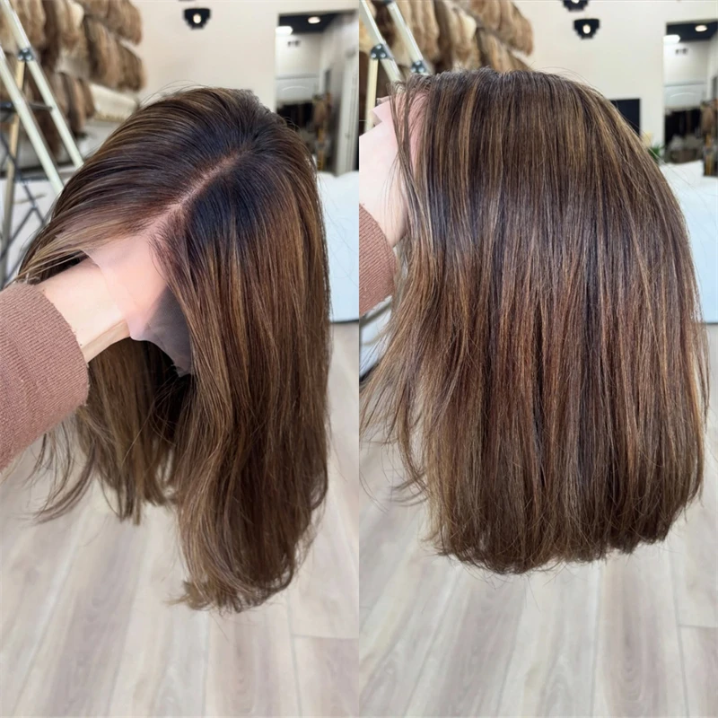 

Ombre Brown with Balayage with Honey Blonde Streaks Soft LowLights Lace Front Wigs Straight Bob Wig Synthetic Premium Fibre Wig