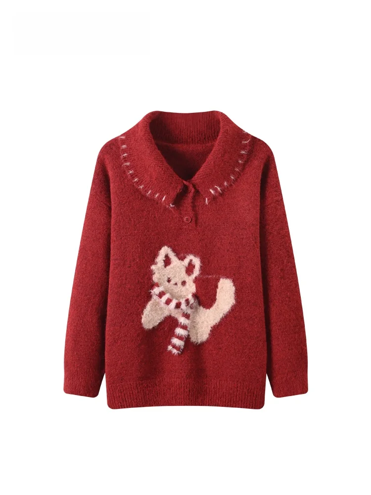 

Свободный свитер с длинными рукавами и воротником-стойкой для женщин больших размеров, осенне-зимняя новинка, красный, свободный крой, антивозрастной эффект, женский топ