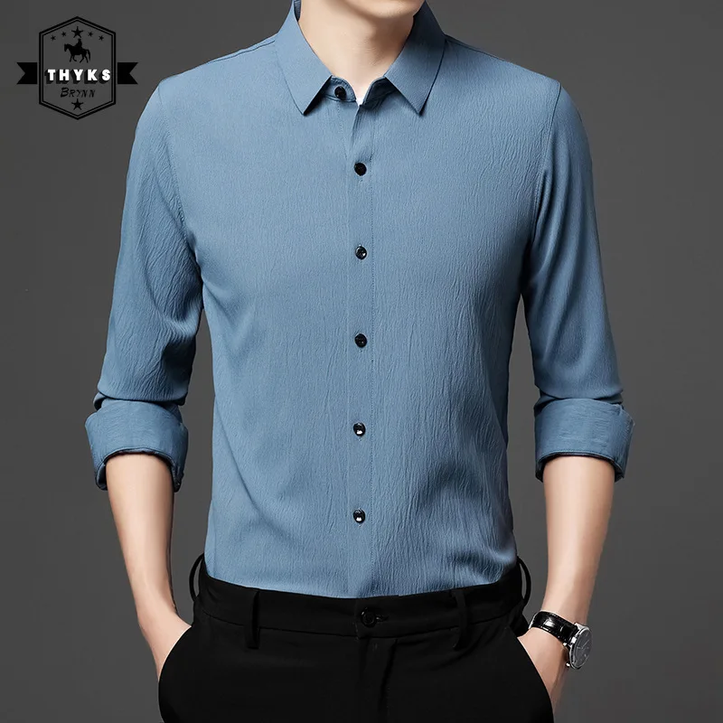 

Men's Solid Lapel Long Sleeved Shirt Simple Slight Elasticity Bottom Shirt Male Slim Breathable Business Fashion Classics Tops