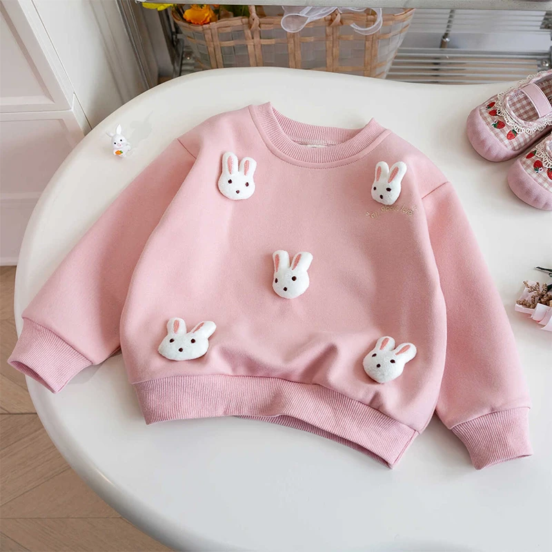 Autumn Winter Girl's Clothes Kids Baby Cartoon Sweatshirts Girl Long T-shirt Tops with 3D Decoration Rabbit Children's Clothing