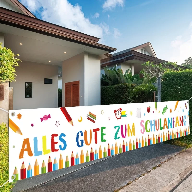 1 Piece Back to School Welcome Banner - 'Happy School Start' with Colorful Pens and School Supplies Design view 2