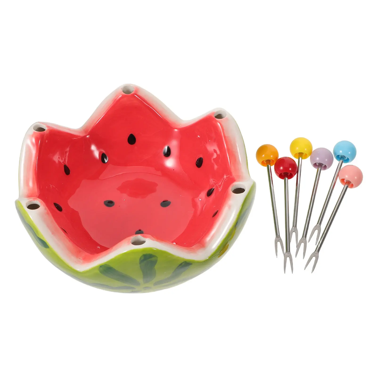 Watermelon Fruit Bowl Set Ceramic Serving Tray with Stainless Steel Mini Forks Decorative Summer Party Snack Serving Bowl Picnic