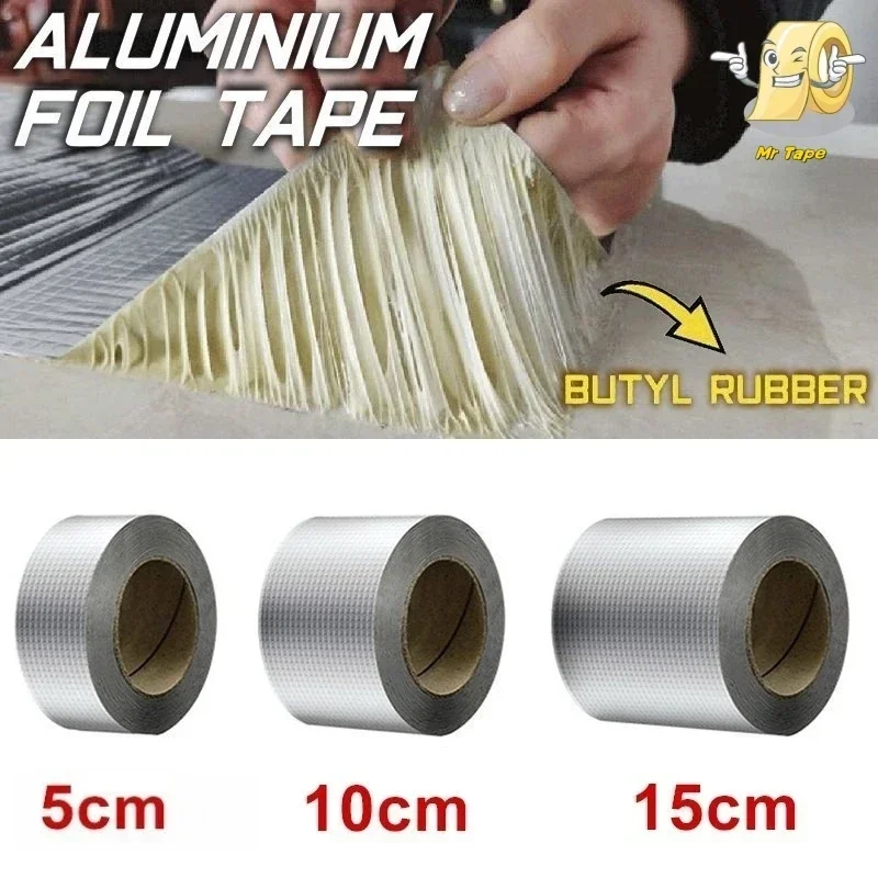 Aluminiumfolie Butylrubber Tape 5M/10M Hoge temperatuur Superbestendig Waterdicht Zelfklevend Muurscheur Dakpijpreparatie