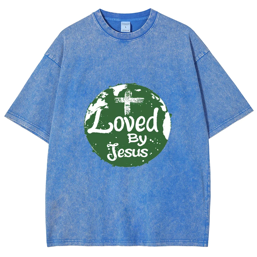 Loved By Jesus Y2k Washed Short Sleeves T Shirt, Cartoon Creative Printed Unisex Vintage Streetwear New Fashion Casual Plus-Size