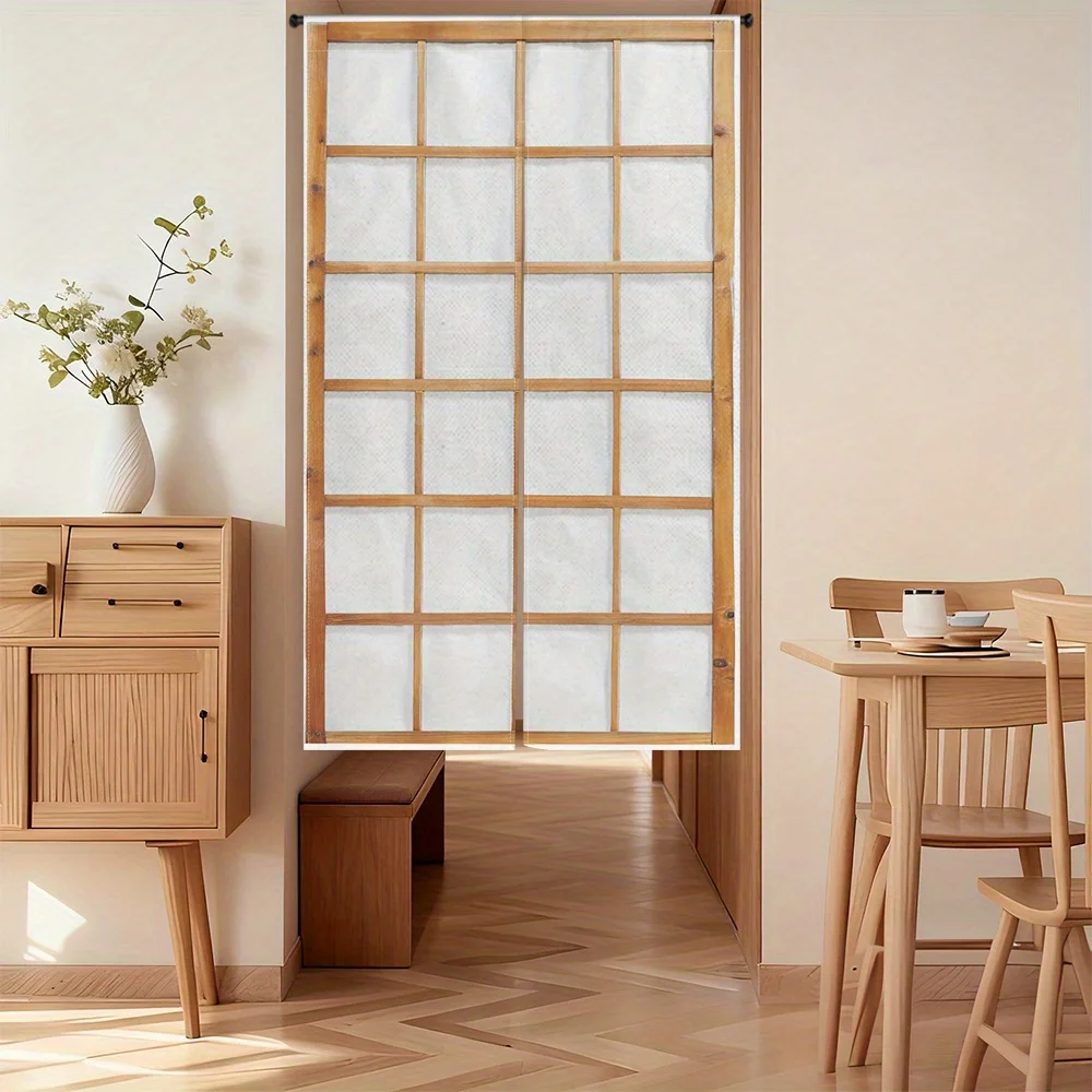 Retro Wooden Frame Grid Door Curtain - 2D Flat Print Classic Window Pane Partition Hanging Drape for Room Home Decor