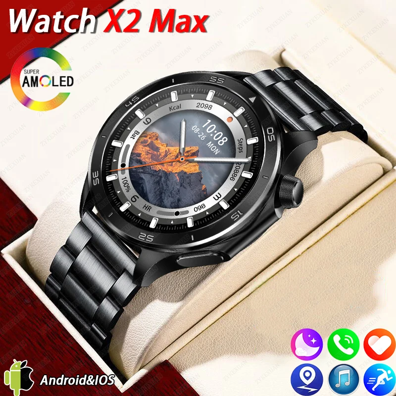 

2025 Новые часы X Upgrade Смарт-часы Мужские часы X2 AMOLED HD Экран Bluetooth Вызов GPS Траектория Сердечный ритм Компас SmartWatch