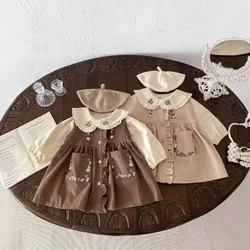 Ins Autumn Toddler Girls 2PCS Clothes Set Cotton Long Sleeve Embroidery Shirts Floral Pocket Dress Suit Baby Girls Outfits