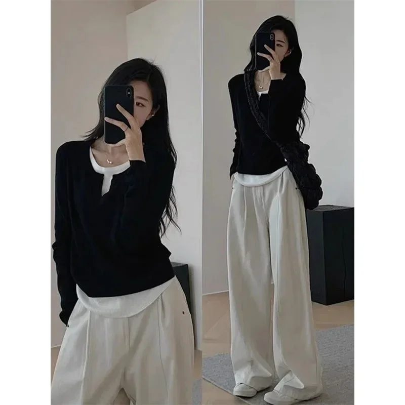 

Y2k черная искусственная рубашка из двух предметов с длинными рукавами, женские осенние нерегулярные лоскутные топы, облегающие вязаные рубашки, эстетичная одежда