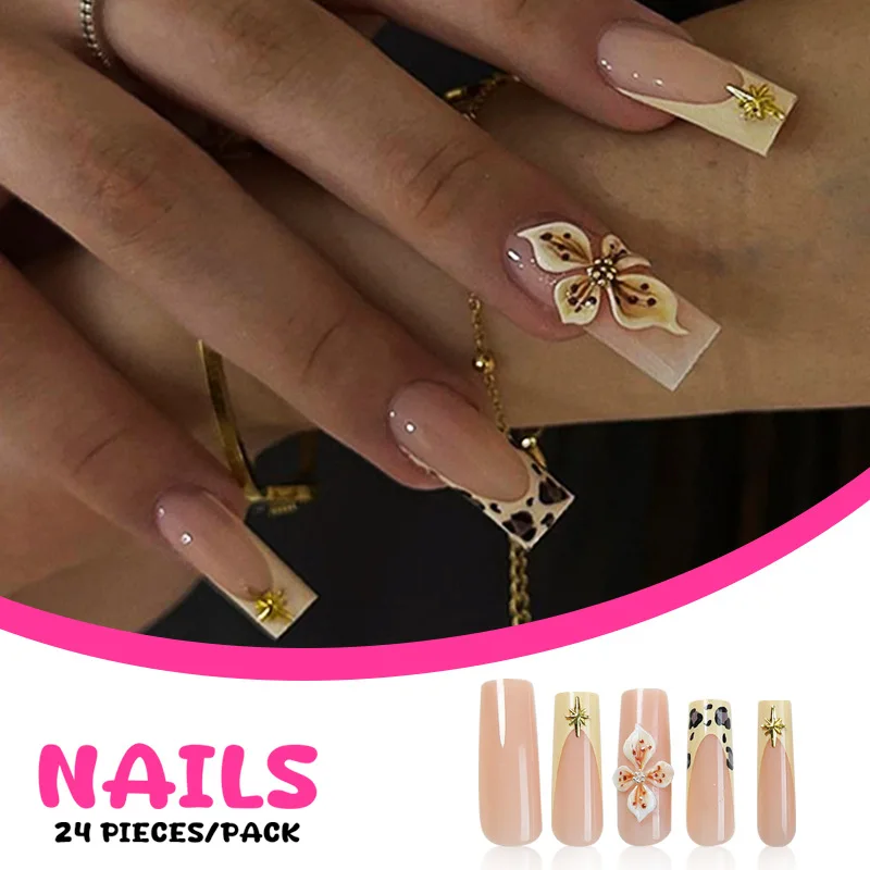 24Pcs Yellow French Press on Fake Nails Simple 3D Floral Star False Nails with Glue Wearable Leopard Print Square Nail Tips