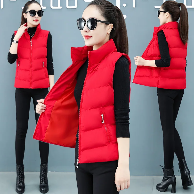 New Autumn Winter Thick Down Cotton Vest Women'S Fashion Versatile Stand Up Collar Warm And Loose Casual Sleeveless Coat Lady