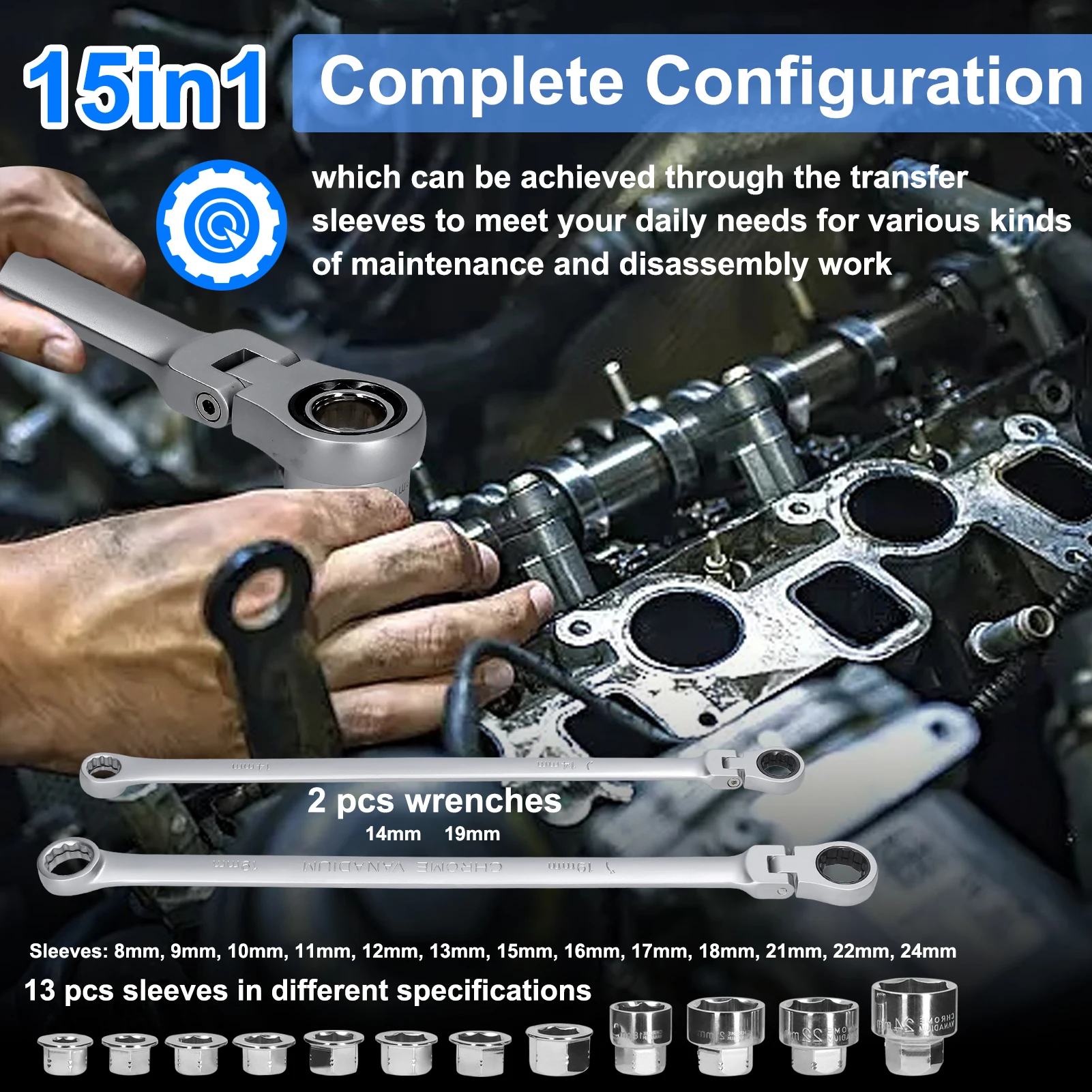 KKMOON 15in1 Ratchet Wrench Sleeves Set Car Household Auto Repairs Maintenance Tool Set Household Hardware Combination Tool Set