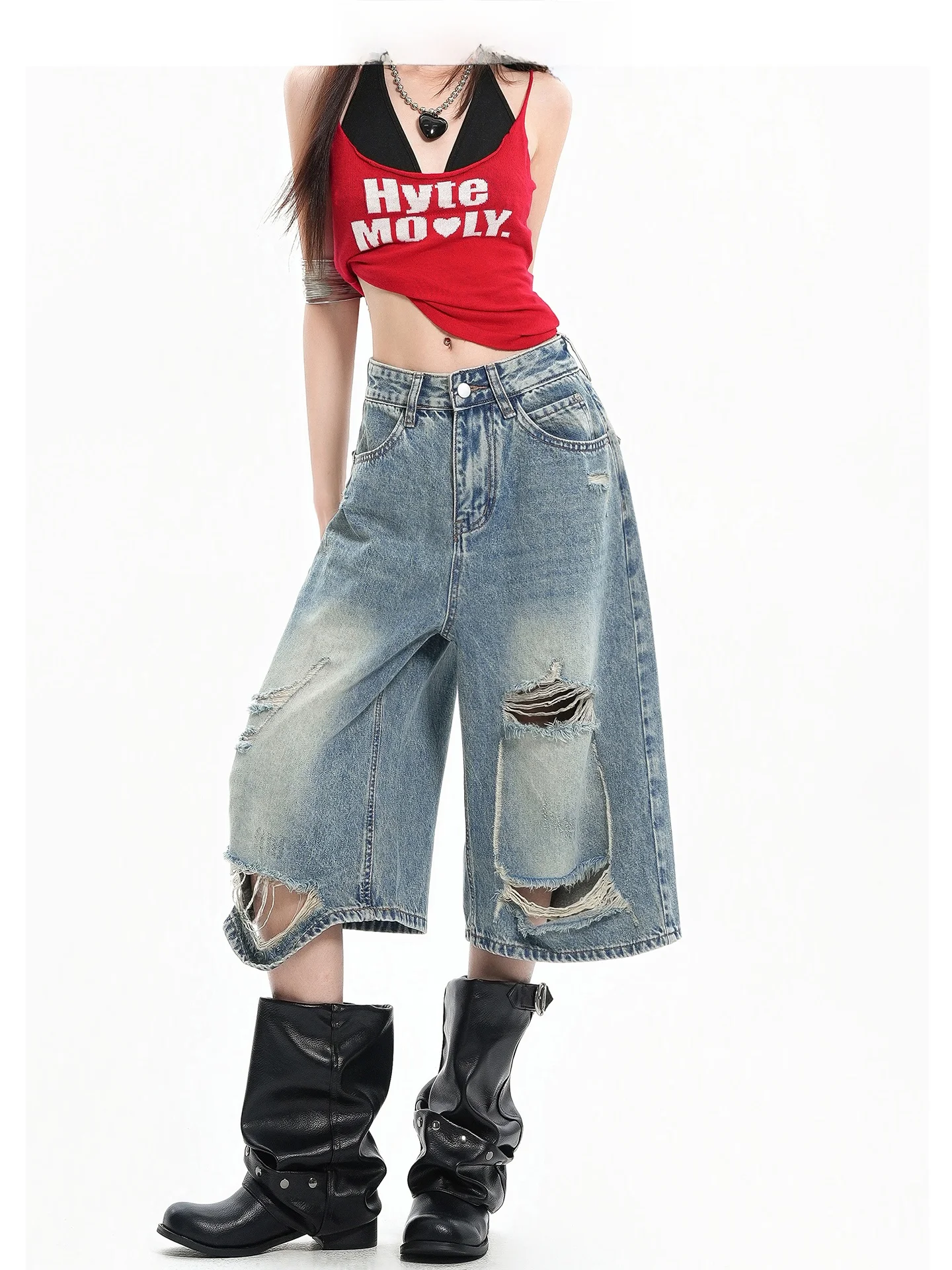 Calças Capri Jeans Femininas Forever 21 American Retro High Street Rasgadas Soltas Retas de Verão com Efeito Emagrecedor