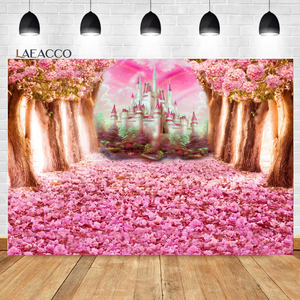 Laeacco Birthday Newborn Backdrops Castle Pink Flowers Floral Sea Forest Baby Portrait Photography Backgrounds For Photo Studio