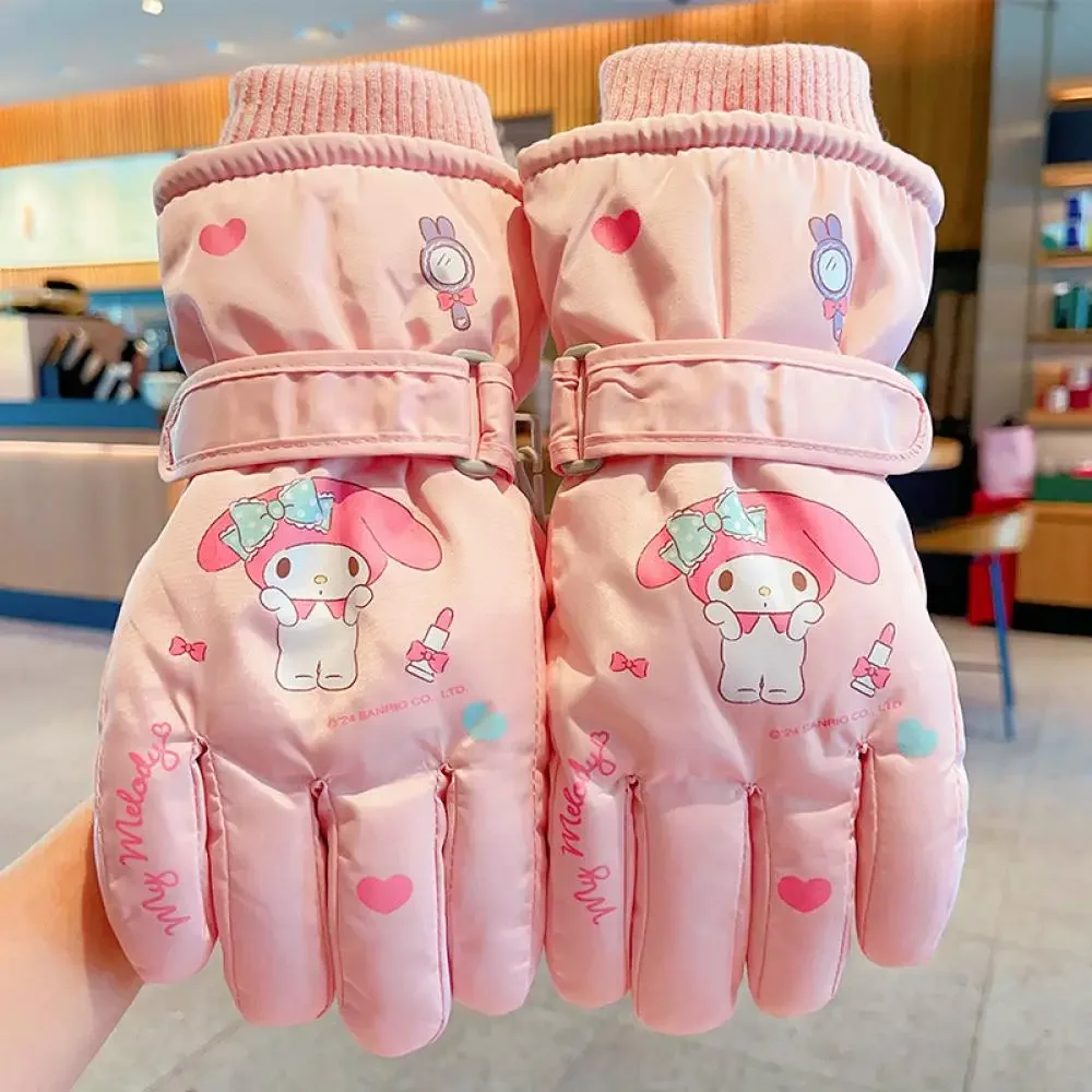 Kawaii Kids Pluche Skihandschoenen Anime Sanrio Leuke Kuromi Melody Winterbescherming tegen kou Outdoor Warme handschoen Waterdicht Dikker