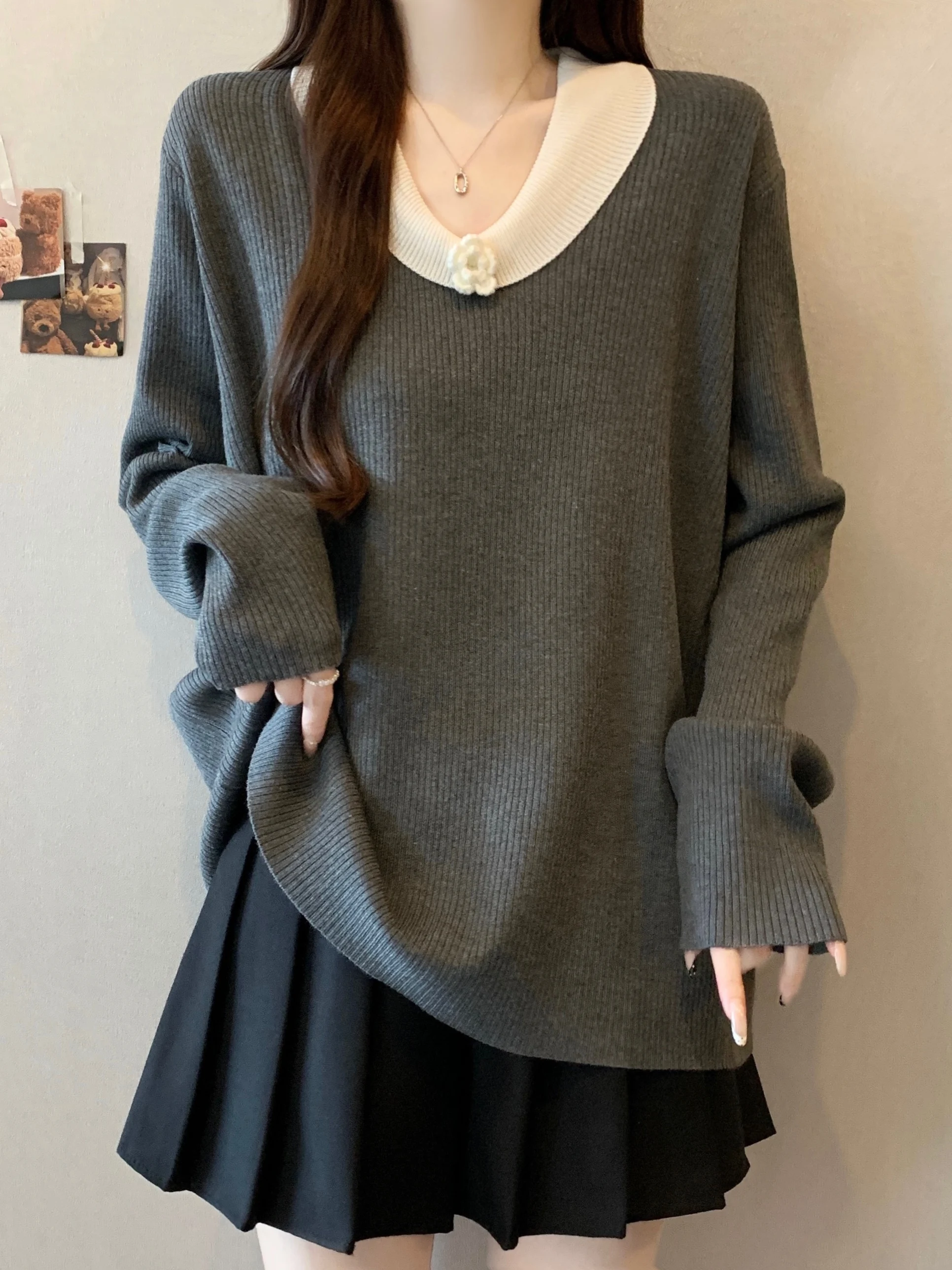 

plus Size Women's Knitted Long Sve Loose Fit Base irt with Stand Collar 3D Flower Design ey Slimming Top for Autumn Wi...