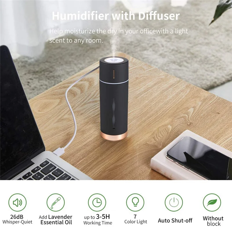 AA96 Umidificador pessoal de névoa fria USB Desktop Mini umidificador para quarto, escritório, viagem, carro, super silencioso, desligamento automático, preto