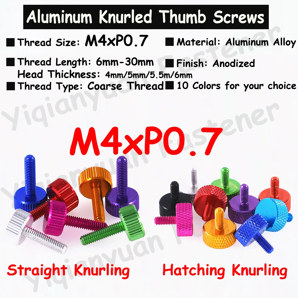 M4xP0.7 다채로운 알루미늄 부화/스트레이트 널링 엄지 나사 GB835 플랫 헤드 손 조임 엄지 나사 거친 나사, 5 개