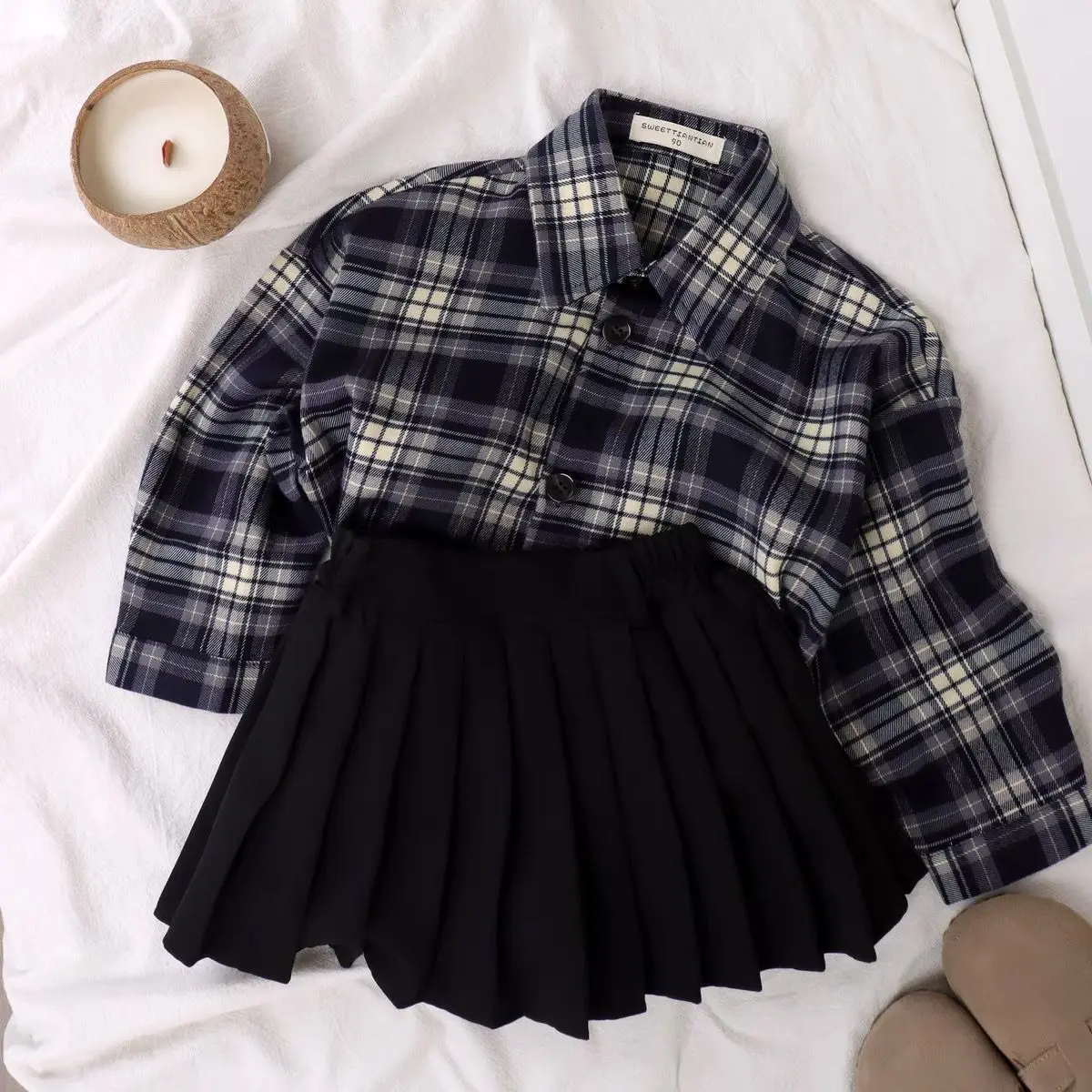 2026 Autumn Baby Girls Dress Sets Clothes Kids Vintage Plaid Lapel Button Shirt Jacket+Pleated Skirt 2PCS Children Casual Outfit
