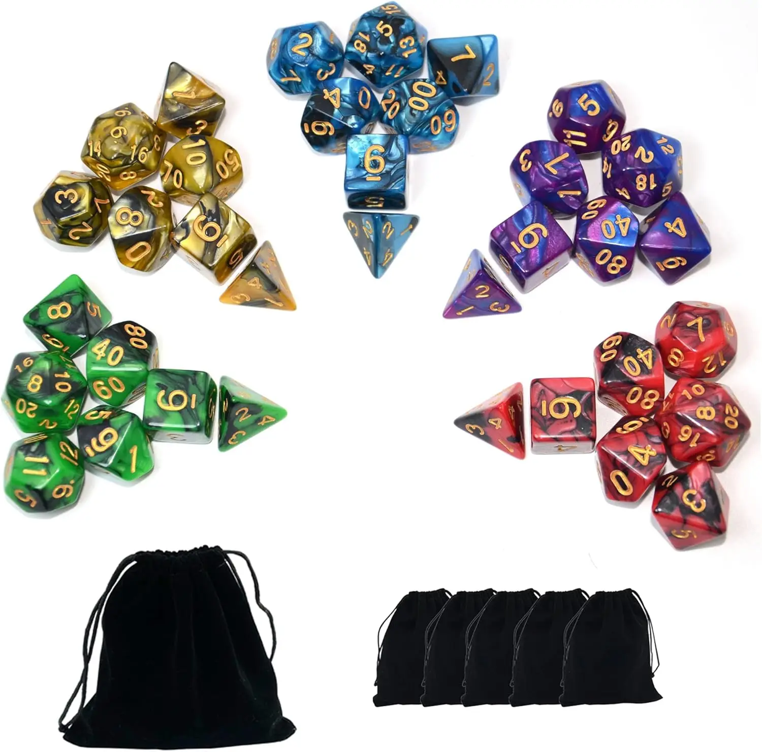 

5 Sets of 7-Die Polyhedral Dice with Pouches for D&D RPG Tabletop Games - Assorted Colors