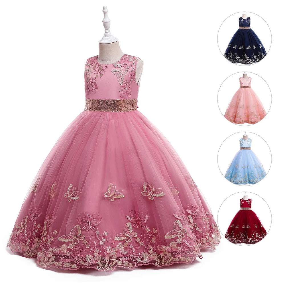 

ELBCOS 4-14T Kid Girls Butterfly Embroidery Solid Color No- Sleeve Sequin Belt Lace Perform Costumes Evening Full Dress