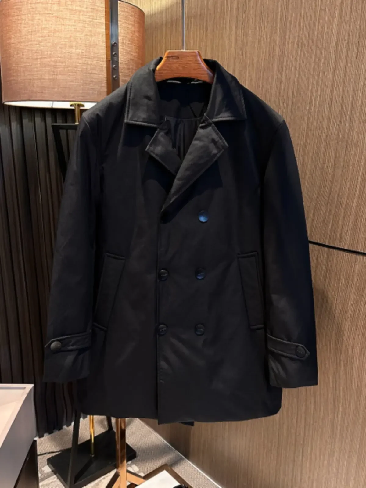 Winter high-end solid-color suit collar double-breasted medium and long trench coat down jacket