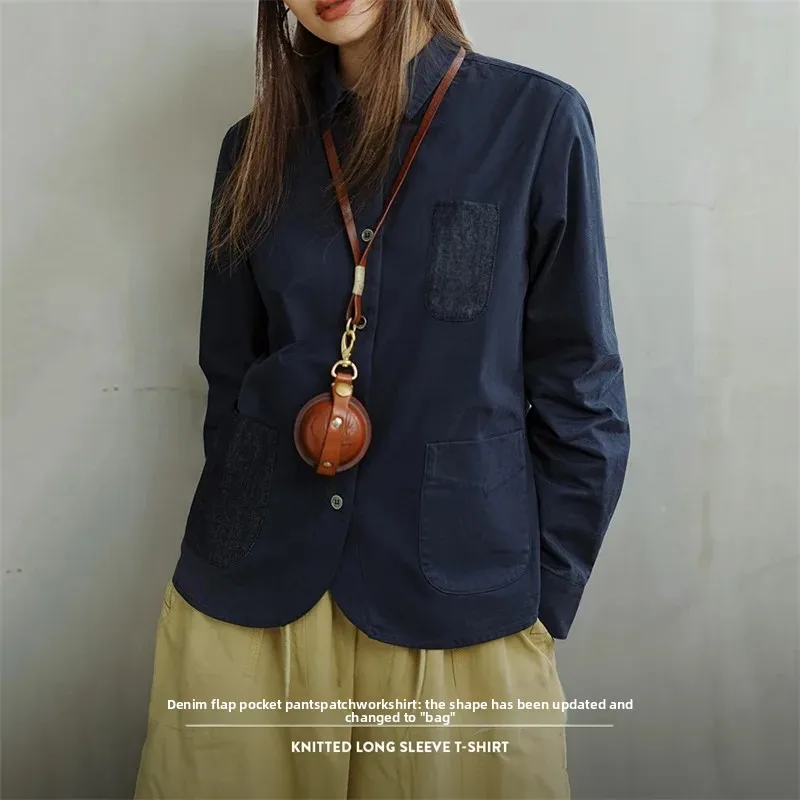 

Maden женская джинсовая рубашка в стиле ретро с карманами в стиле пэчворк, повседневная рубашка с длинными рукавами, темно-синие осенние блузки из 100% хлопка, уличная одежда, топы