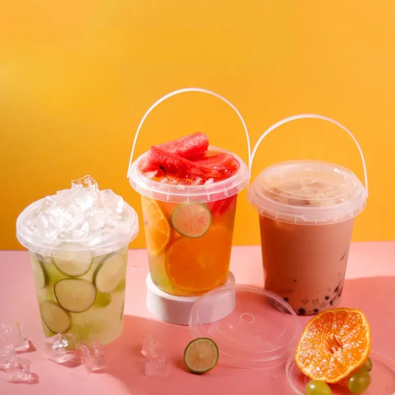 

20pcs 1000ml Fruit Tea Bucket Fruit Dessert Cold Drink Packaging Disposable Commercial High-capacity Portable Milk Tea Buckets