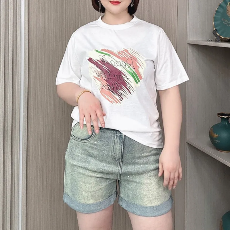 Ice Cotton Top Summer 2024 New Plus Size Women Tees Fashion Love Print Casual Short Sleeve T-shirt