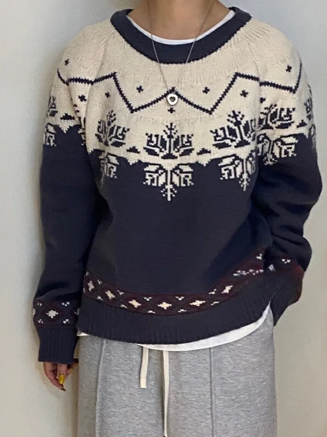 

Retro ey round Ne Fair Isle Knitwear Women's Outerwear New Sle Color Blo Design Versatile Top Girls Faion Autumn