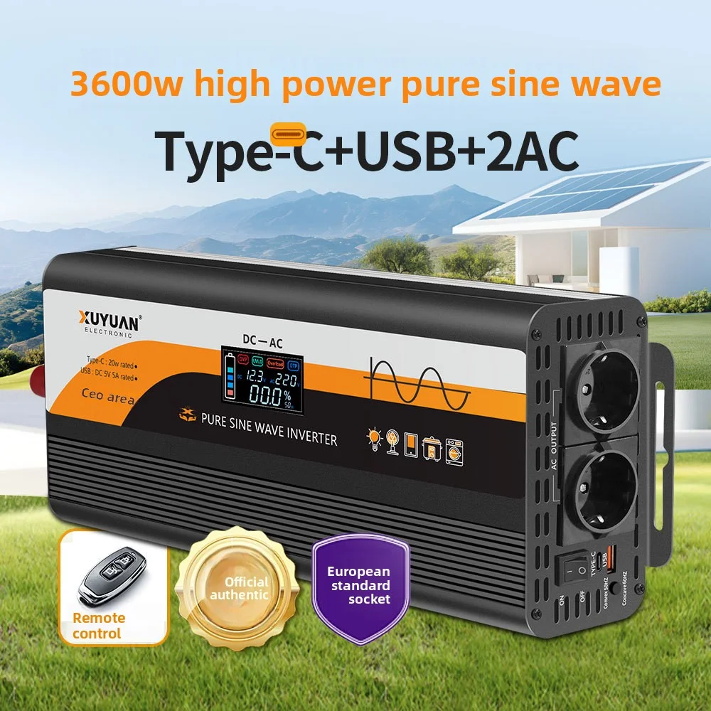 .Pure Sine Wave Inverter 12V 24V to 220V DC to AC Power Inverter for Home Camping Car RV Solar System with USB Charging Ports
