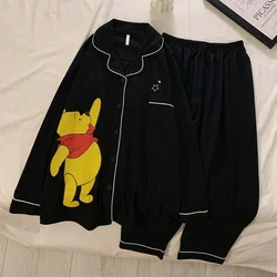 Disney black Winnie the Pooh autumn and winter new pajamas cartoon casual loose breathable silk women's loungewear two-piece set