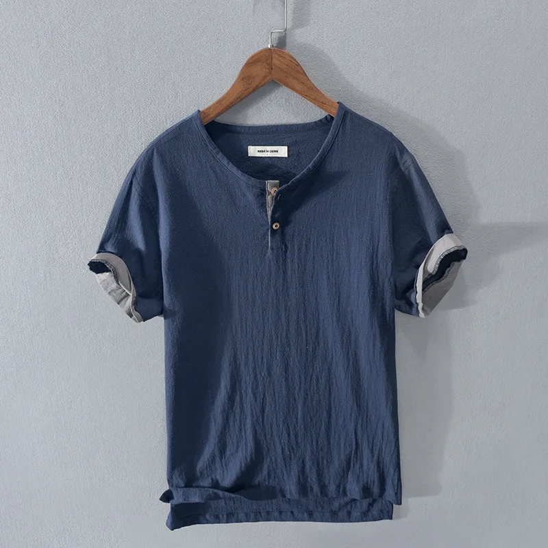 Men's Breathable Cotton Linen Wrinkle Fabric T-Shirt Solid Short Sleeve Tees Pullover T Shirt for Men  Harajuku TS-832