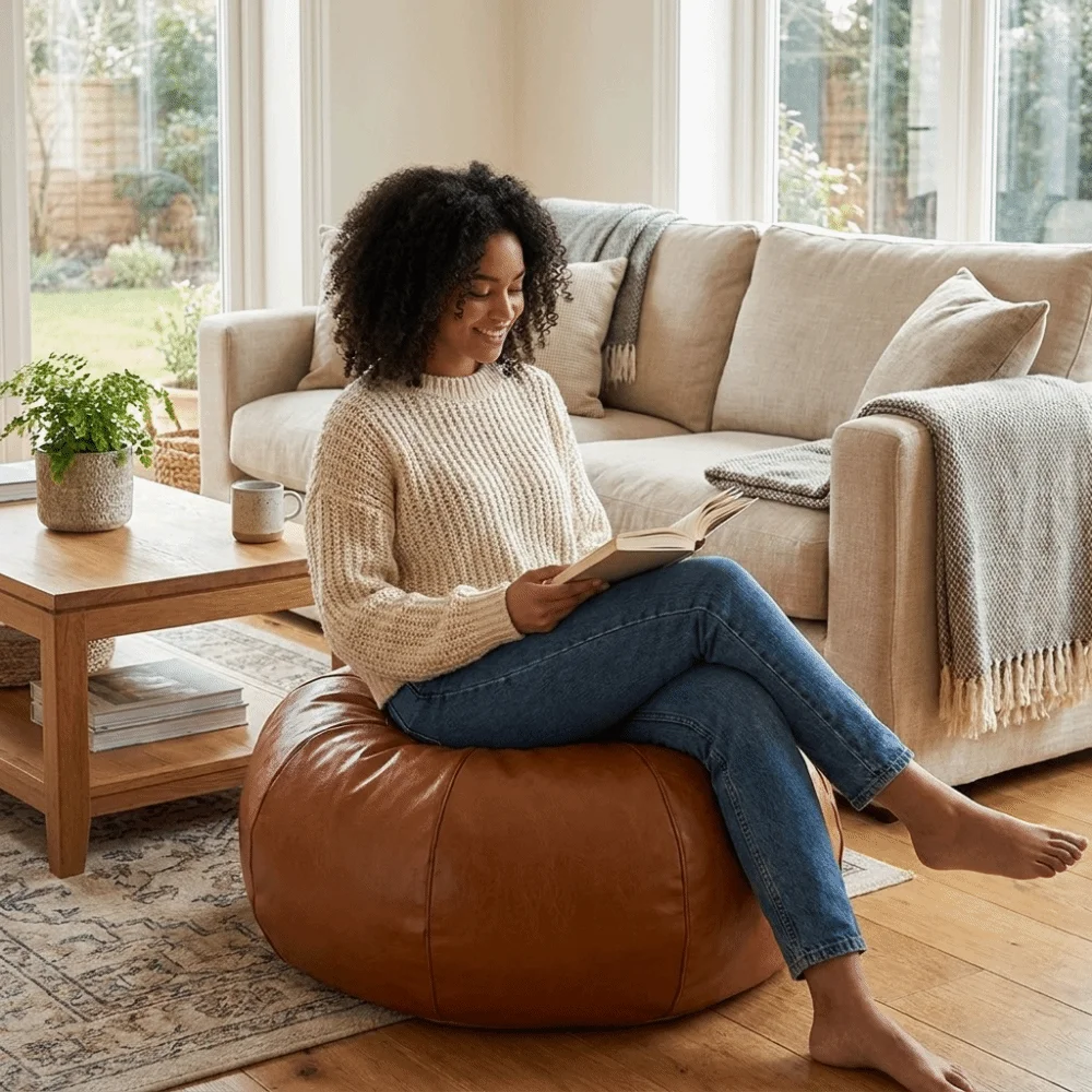 Versatile Round Pumpkin Pouf Cover Leather Decorative Seat Cushion Cover Large Capacity Storage Leg Bench Living Room