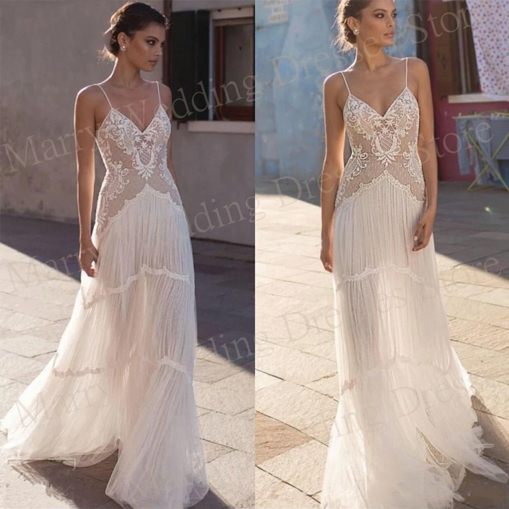 Robes de mariée Boho A-Line pour femmes, col en V moderne, appliques de dentelle charmantes, robes de mariée sexy, quelles que soient les bretelles spaghetti