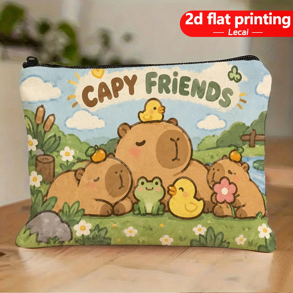 Capy Friends Makeup Bag Cartoon Capybara And Animal Friends Pattern Zipper Cosmetic Pouch Portable Travel Toiletry Storage Bag