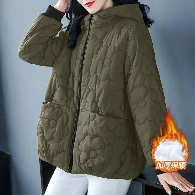 2023 New Casual Hooded Windproof Thicken Cotton Padded Warm Coats Korean Winter Elegant Wear Jacket Parkas