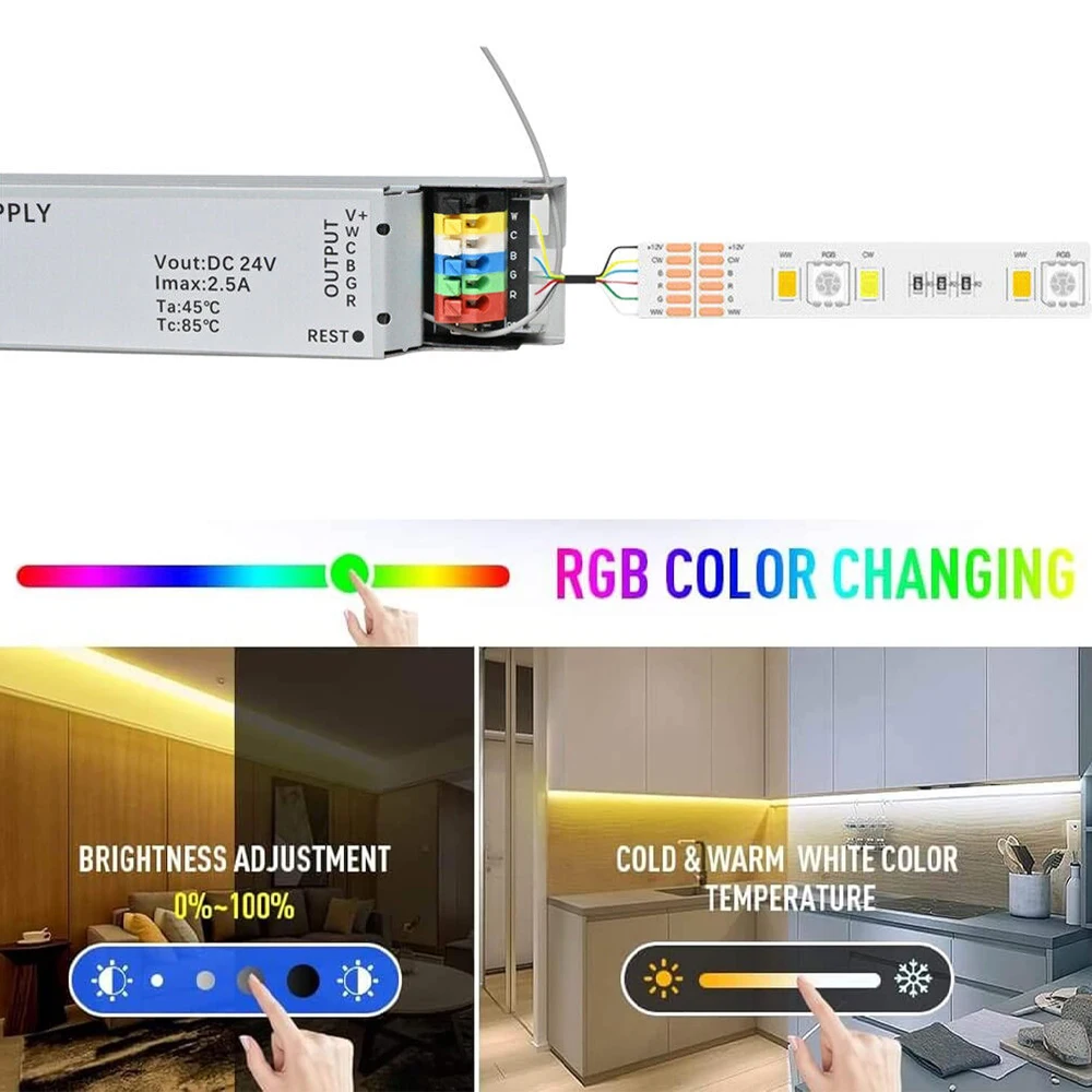 CENFAYA 60W Dimmable RGBCCT LED Driver DC 24V Power Supply Work With WIFI Tuya Smart Life App Control For COB RGBCCT LED Strip