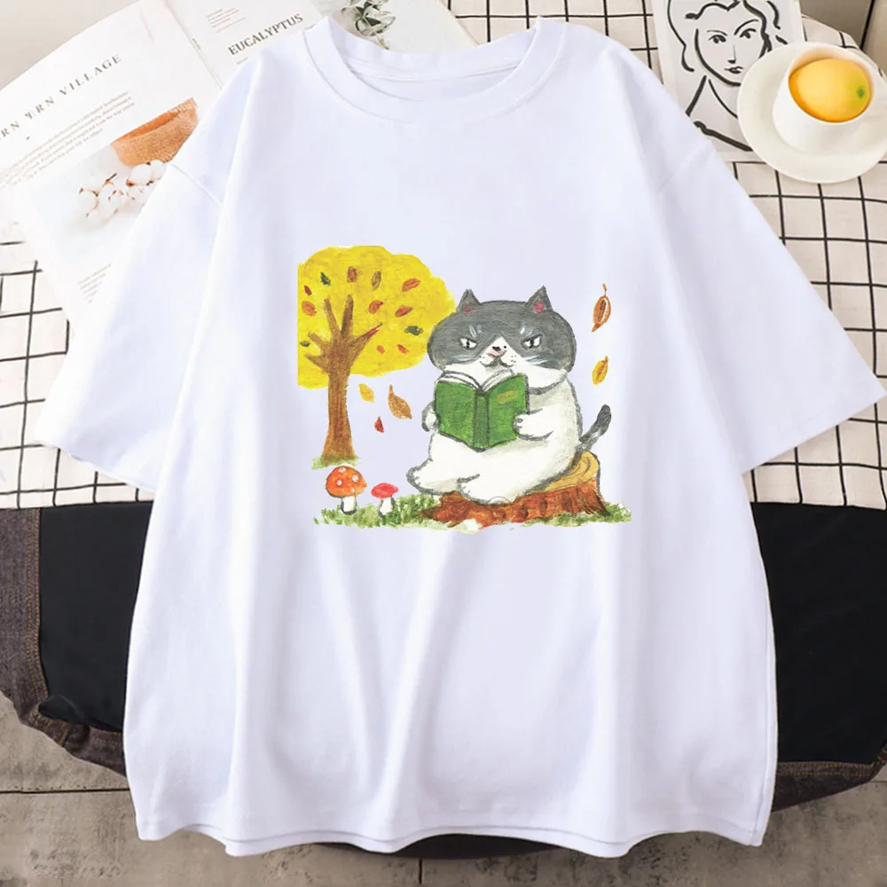 Sad Fat Cat Reading T Shirts Women Cartoon Stick Figures Tshirts 100% Cotton High Quality T-shirts Originality Individualization