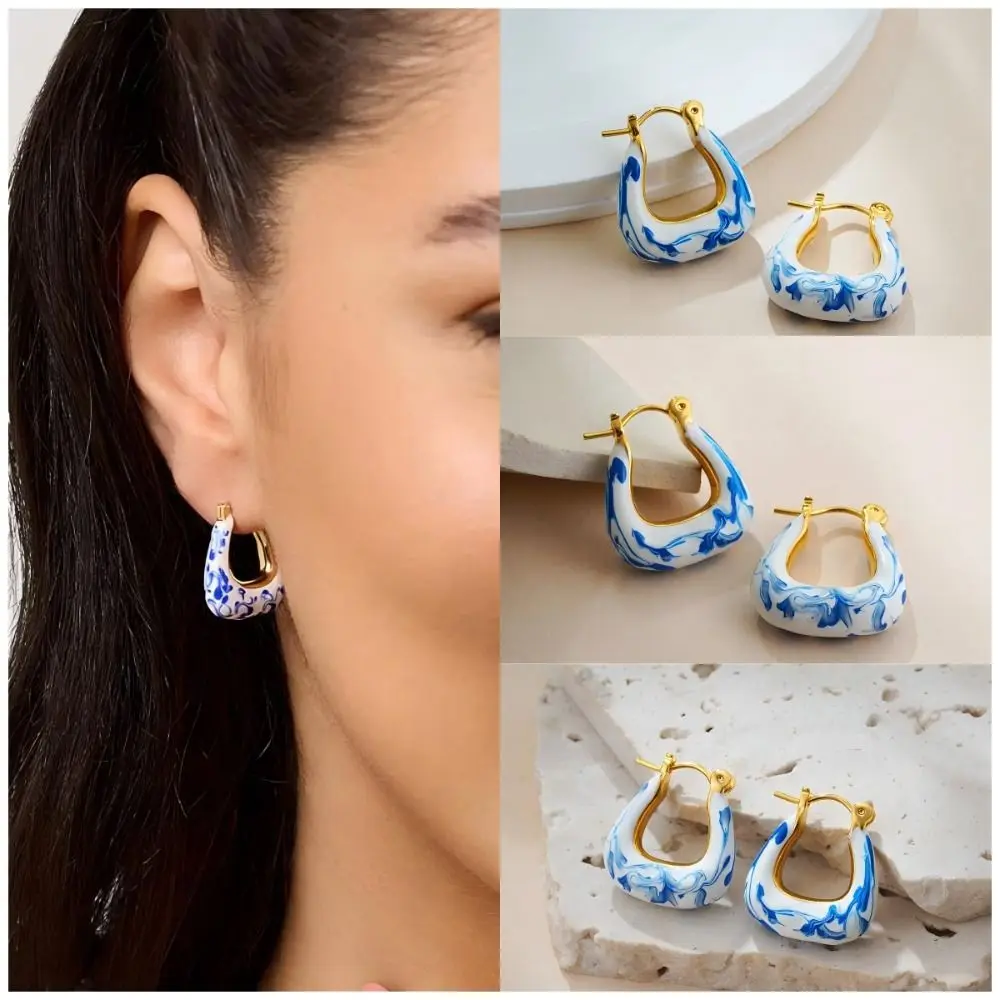 جديد النمط الصيني الأزرق والأبيض الخزف أقراط مجوهرات اكسسوارات نازف النفط السيراميك الأذن مشبك سبيكة تصميم الأزياء