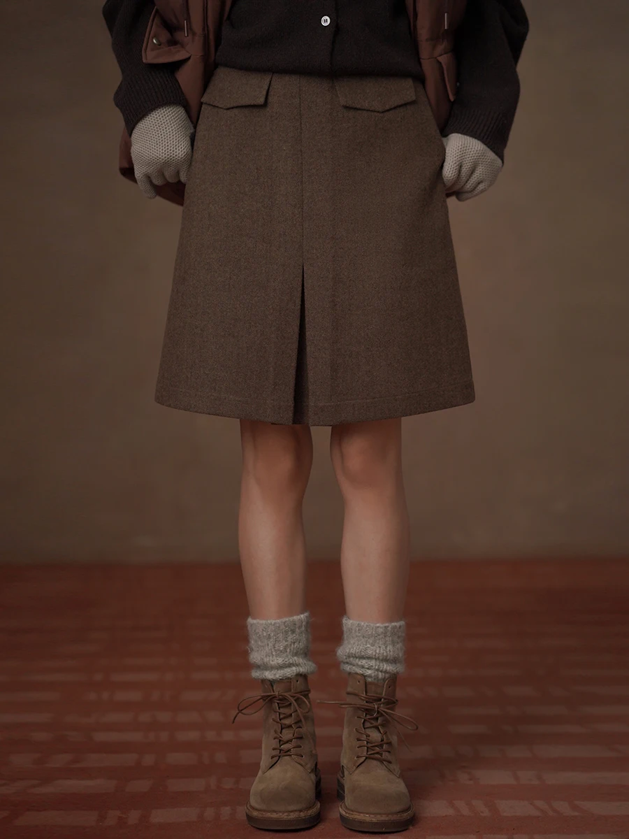 

High Waist Slimming f Skirt Vintage Girl Feeling Wool Blend Crisp Woolen Fabric Dync Pleats A-Line Skirt Casual Wear