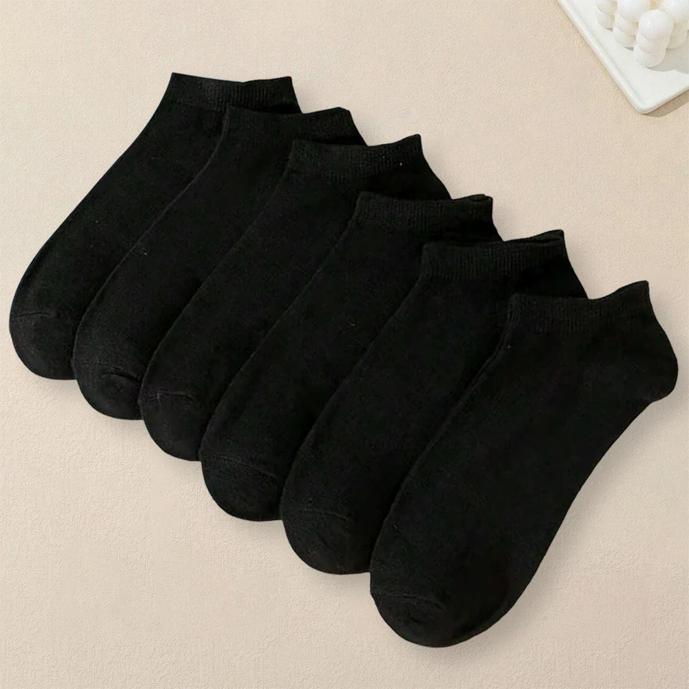 6 Pairs Men Solid Color Short Socks Fashionable Versatile Black Ankle Socks Shallow Mouth Comfortable Breathable Casual Socks