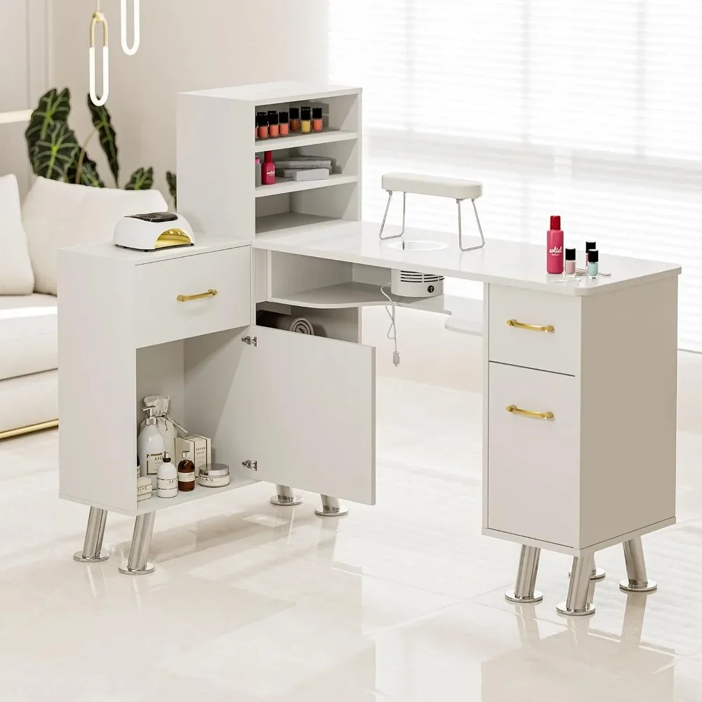 

Manicure Table with Shelves, L-Shaped Nail Table Station w/Electric Downdraft Vent, Foldable Nail Arm Rest, Storage Cabinets